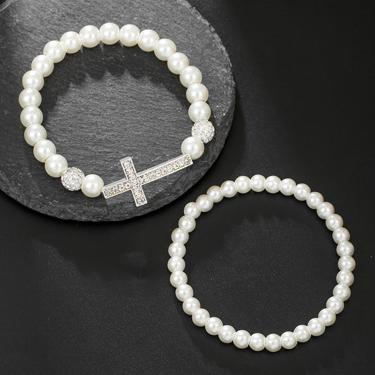 Cross-border hot-selling imitation pearl diamond cross diamond ball bracelet combination cold wind advanced sense personalized wedding bracelet