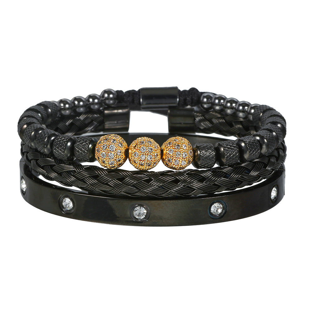 Amazon Hot Sale Men's Bracelet Woven Pineapple Bead Zircon Diamond Ball Three-piece Stainless Steel Roman Numeral Bracelet