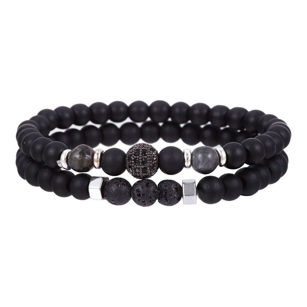 Copper micro-inlaid zircon diamond ball set bracelet men's 6mm black matte volcanic stone elastic men's bead bracelet combination