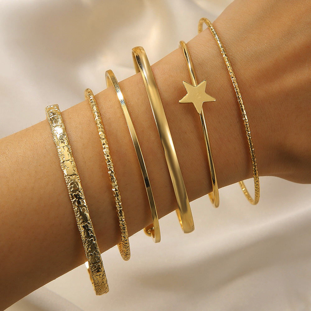 Retro personality exaggerated opening five-pointed star bracelet set 6 gold glossy irregular bracelets Cuff bracelets