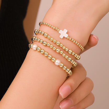 European and American cross-border jewelry niche design cross bracelet set sweet and cool beaded stacked shell pearl bracelet