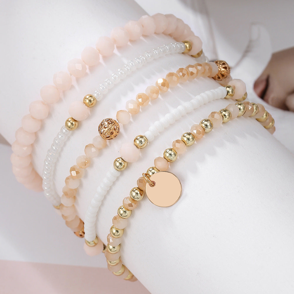 Bohemian style multi-layer stackable bracelet set, simple elastic glass rice bead round pendant, bracelet for women