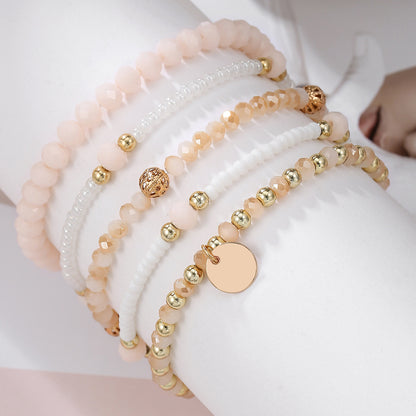 Bohemian style multi-layer stackable bracelet set, simple elastic glass rice bead round pendant, bracelet for women