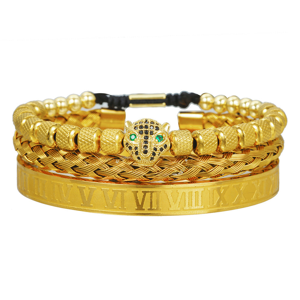 European and American retro versatile zircon leopard head woven bracelet Roman letter woven stainless steel mesh bracelet set