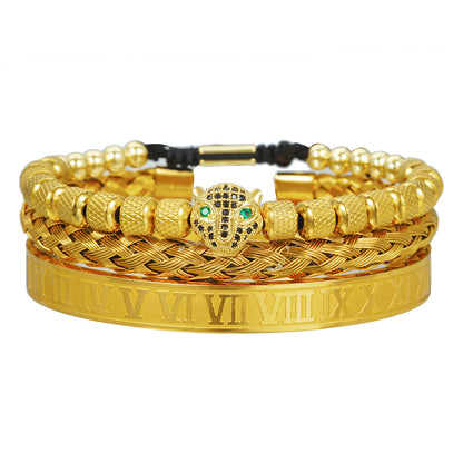 European and American retro versatile zircon leopard head woven bracelet Roman letter woven stainless steel mesh bracelet set