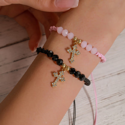 European and American diamond-encrusted cross pendant, crystal beaded couple bracelet, black pink woven adjustable friendship girlfriend bracelet.