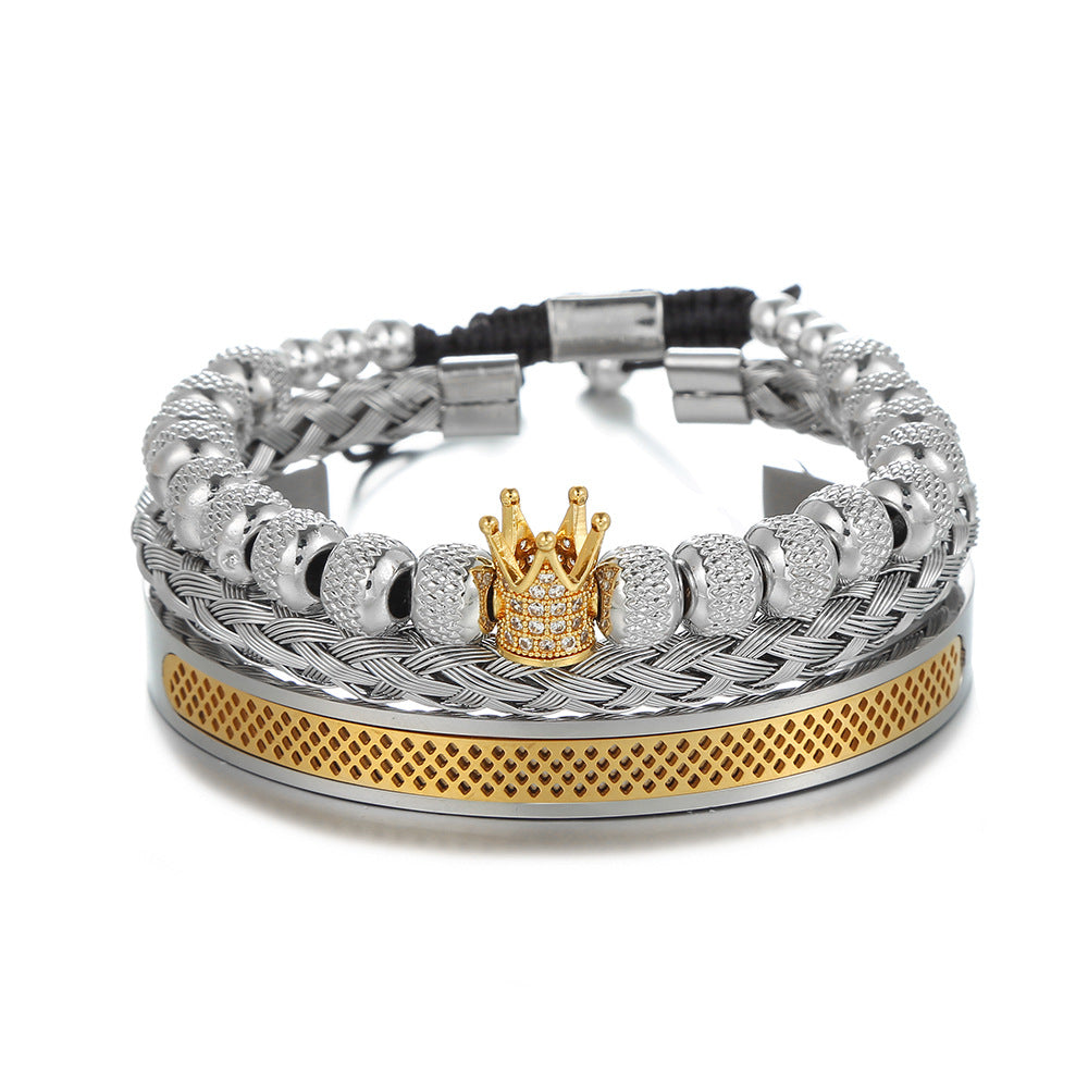 Cross-border new copper-inlaid zircon crown woven bracelet combination stainless steel grid opening titanium steel bracelet set men