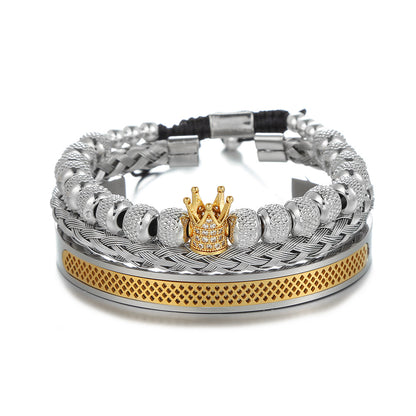 Cross-border new copper-inlaid zircon crown woven bracelet combination stainless steel grid opening titanium steel bracelet set men