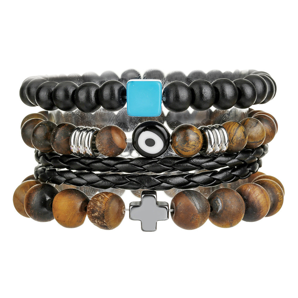 Amazon hot-selling tiger's eye stone leather bracelet set retro men's multi-layer stacking wearing cross eye bracelet men