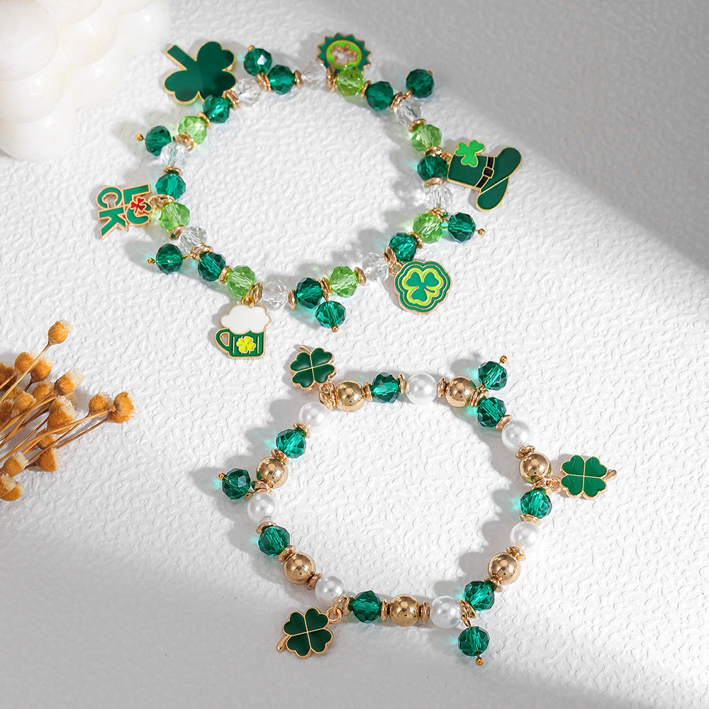 Geometric Crystal Bead Bracelet Women's Small Fresh Clover Pendant Bracelet St. Patrick's Day Green Couple Bracelet