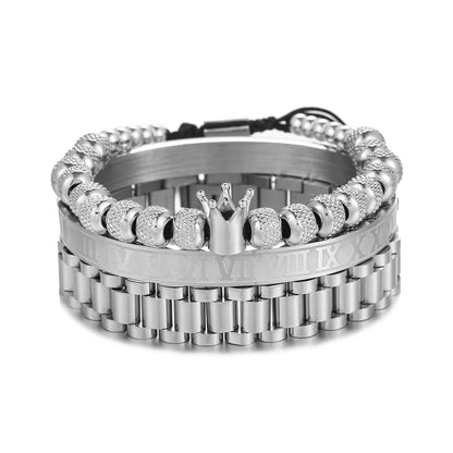 European and American zircon crown woven bracelet set, Roman letter stainless steel strap chain men's bracelet three-piece set
