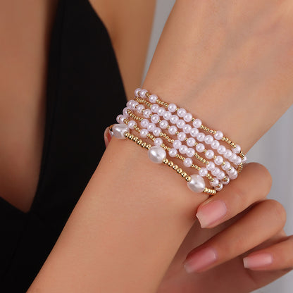 Amazon hot-selling simple copper bead imitation pearl bracelet set women's plated 18k beaded elastic bracelet bracelet wholesale