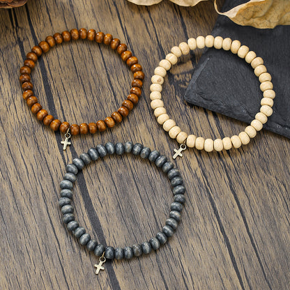 European and American new retro wind wood bead stacking bracelet men's beaded cross pendant bracelet set wholesale bracelet
