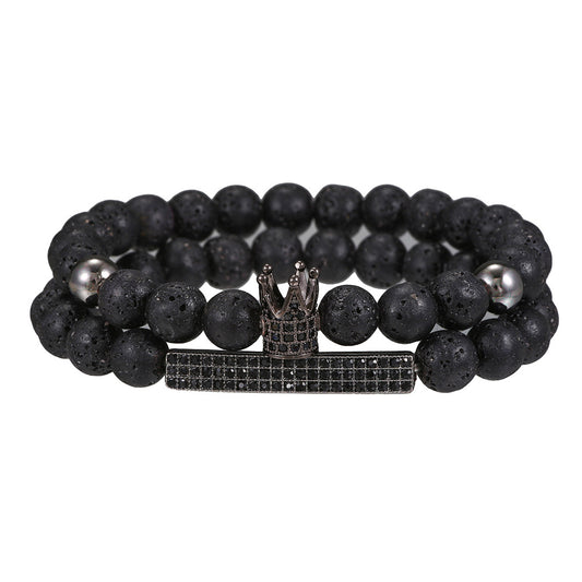 European and American new simple matte black bead volcanic stone crown black zircon bracelet set 2 elastic Buddha bead bracelets
