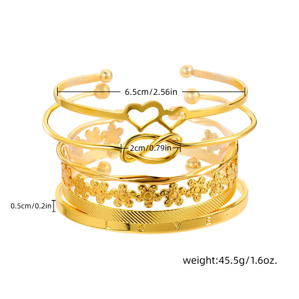 European and American cross-border alloy love knotted flower bracelet set geometric metal cross-stacked wear LOVE open bracelet