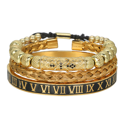 European and American retro zircon pipe bend braided bracelet bracelet set, dripping Roman letter braided stainless steel bracelet