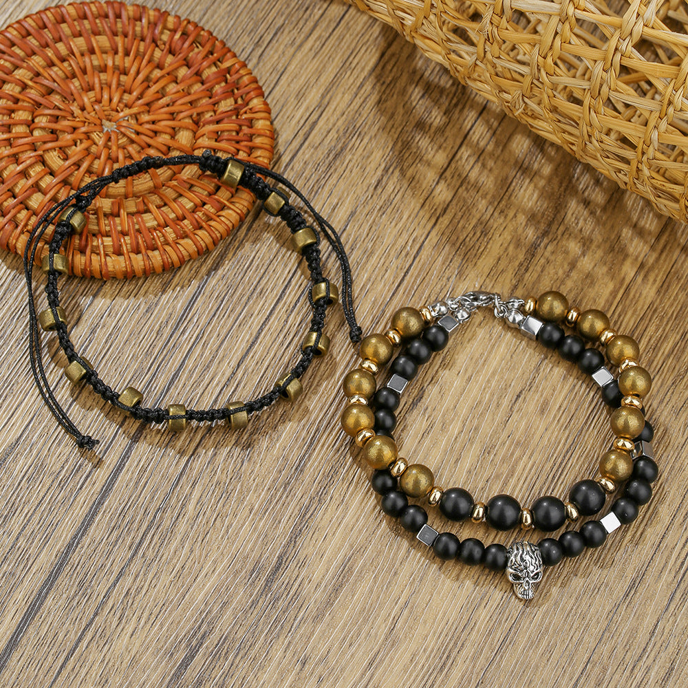 European and American retro style skull bead bracelet woven stacked punk suit bracelet male personality black matte jewelry