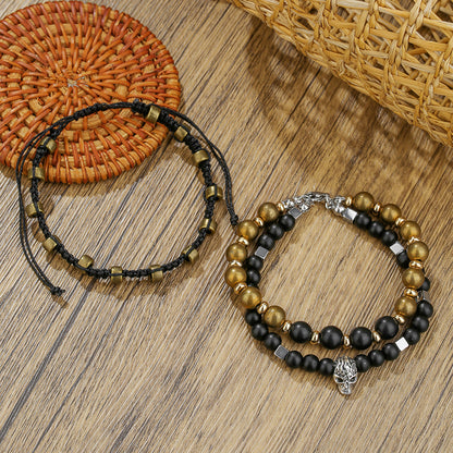 European and American retro style skull bead bracelet woven stacked punk suit bracelet male personality black matte jewelry