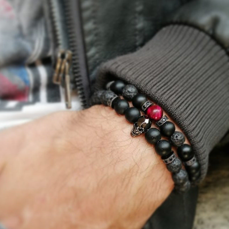 Amazon cross-border European and American domineering men's micro-inlaid zircon skull bracelet set volcanic stone bead beaded bracelet