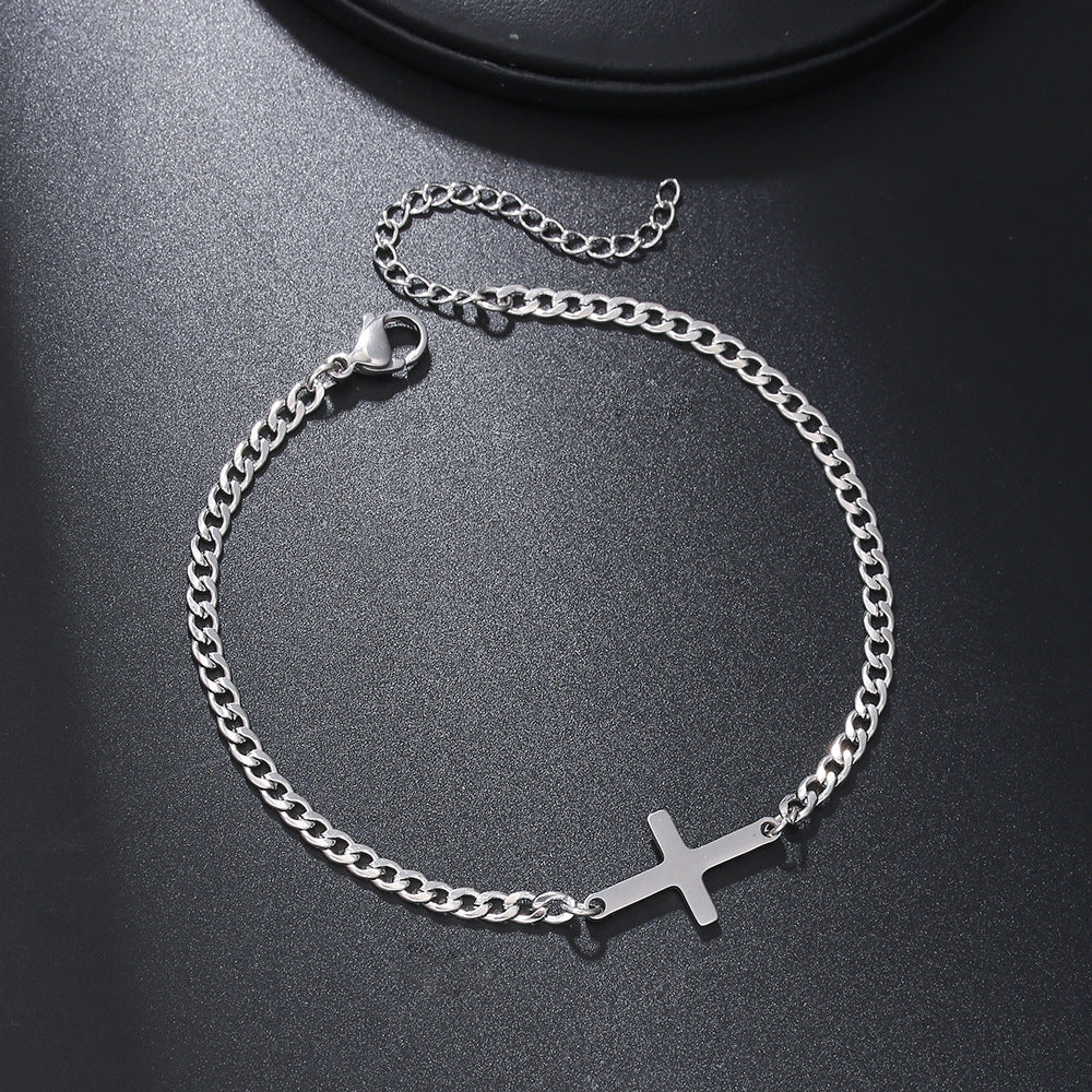 Fashion Cold Wind Stainless Steel Cuban NK Chain Double Layer Stacked Cross Bracelet Men's Hip Hop Street Bracelet Set