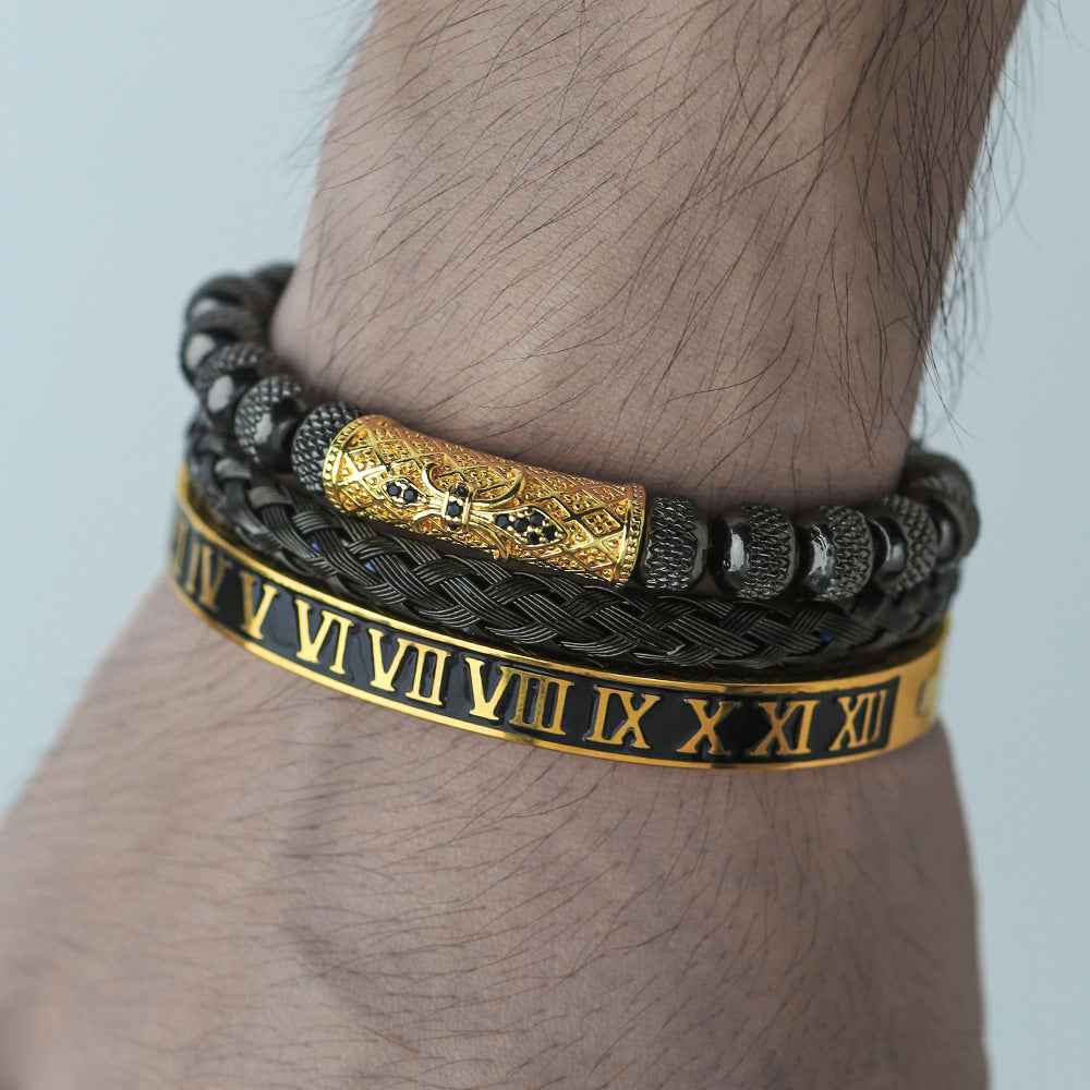 European and American retro zircon pipe bend braided bracelet bracelet set, dripping Roman letter braided stainless steel bracelet