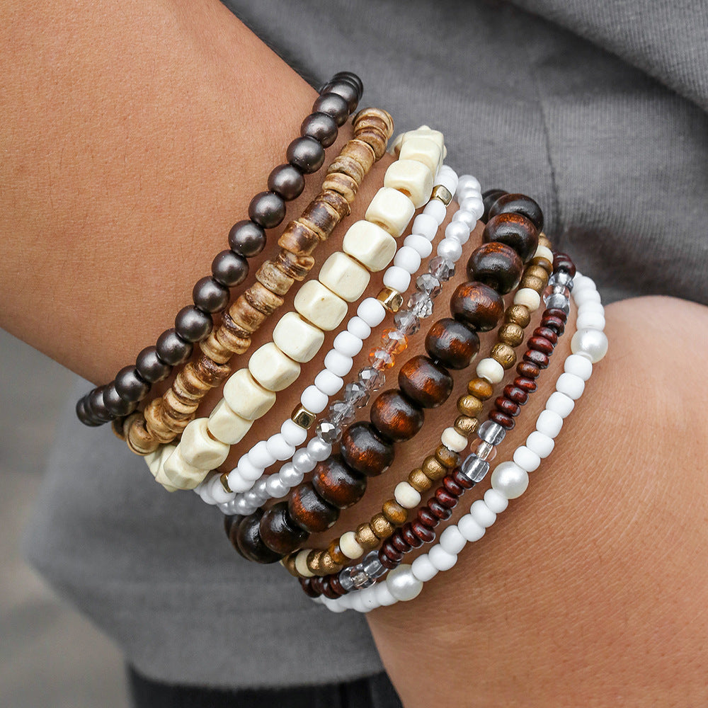 Cross-border bohemian imitation pearl crystal wooden bead beaded bracelet accessories multi-layer stacked elastic men's bracelet