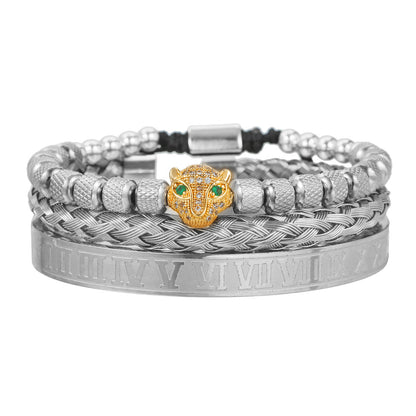 European and American retro versatile zircon leopard head woven bracelet Roman letter woven stainless steel mesh bracelet set