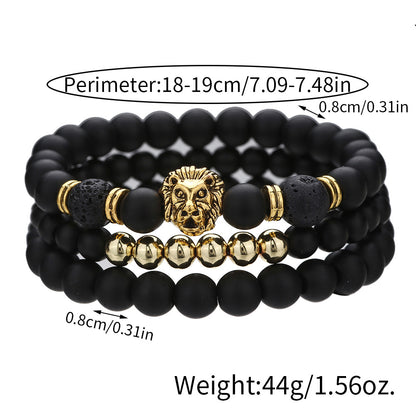 Cross-border new 6/8mm black matte volcanic stone beaded bracelet set combination lion head elastic bracelet bracelet.