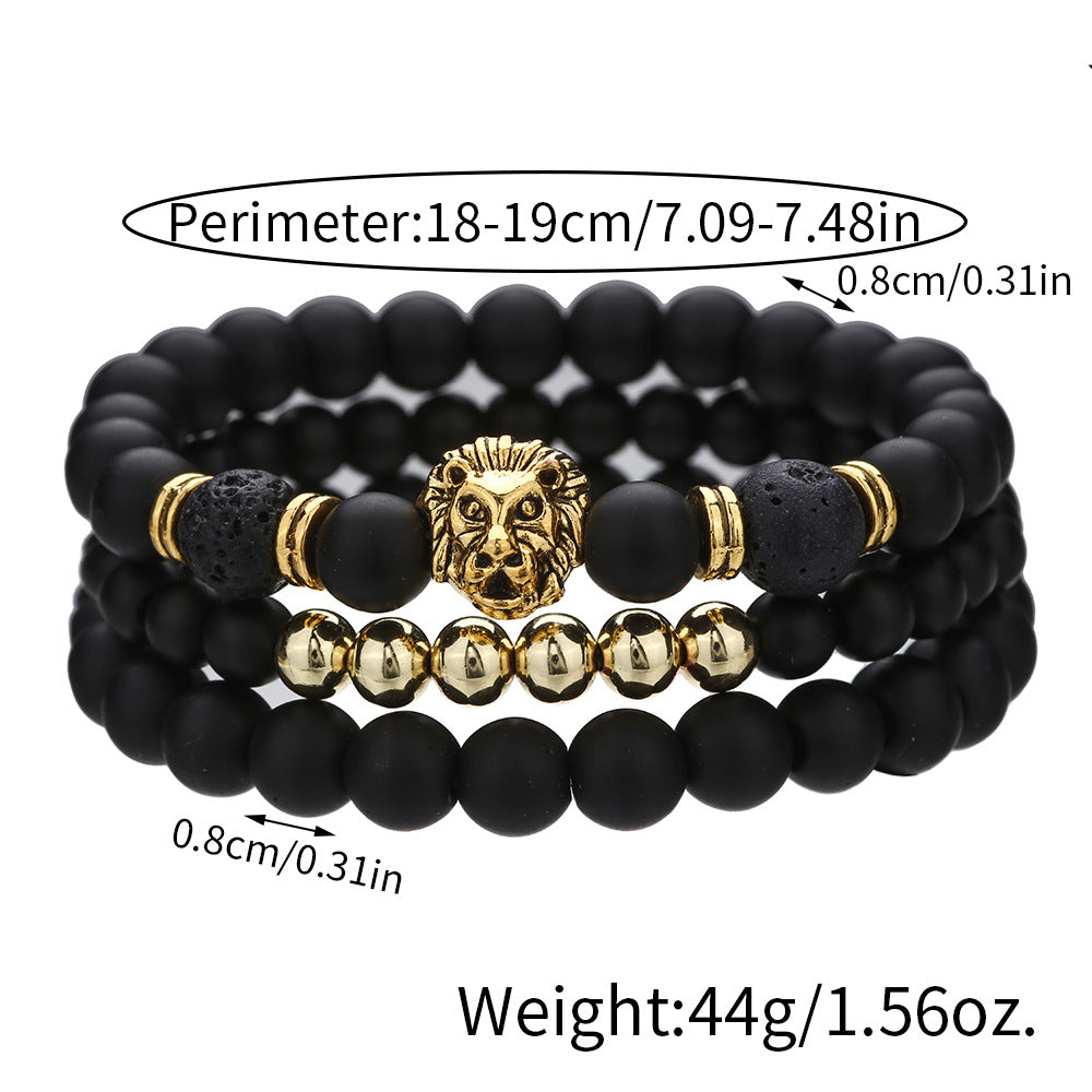 Cross-border new 6/8mm black matte volcanic stone beaded bracelet set combination lion head elastic bracelet bracelet.