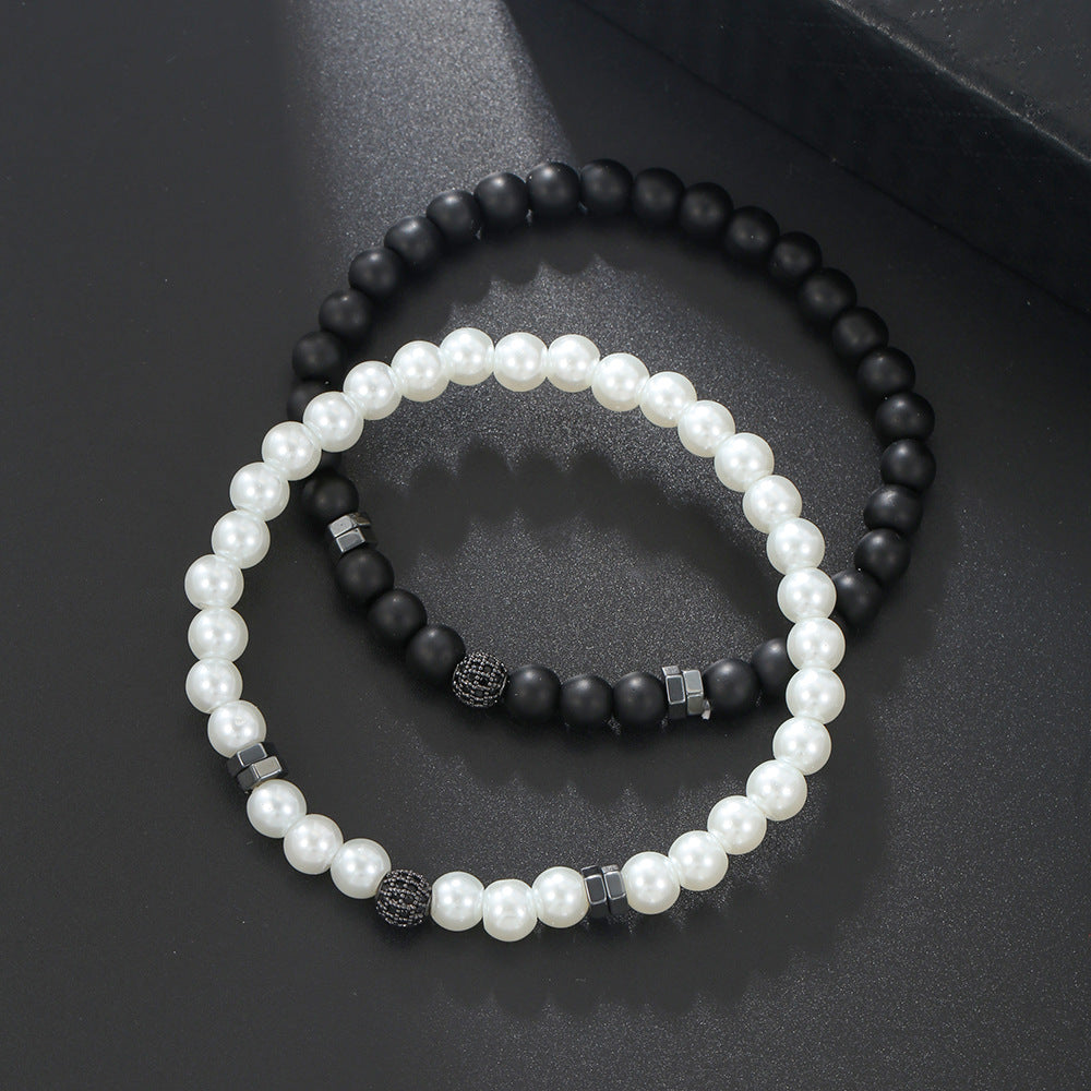 European and American hip hop Internet celebrity style 6mm black matte pearl bead bracelet set micro-inlaid zircon diamond ball elastic bracelet