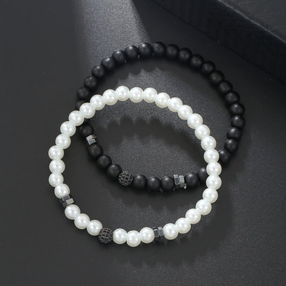 European and American hip hop Internet celebrity style 6mm black matte pearl bead bracelet set micro-inlaid zircon diamond ball elastic bracelet