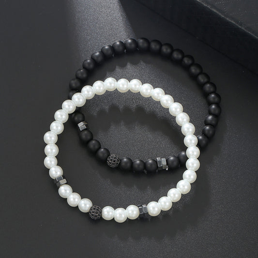 European and American hip hop Internet celebrity style 6mm black matte pearl bead bracelet set micro-inlaid zircon diamond ball elastic bracelet