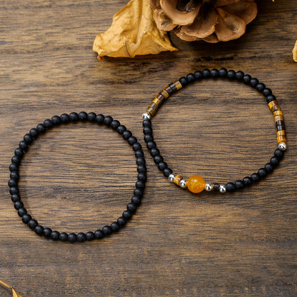 New foreign trade products European and American fashion black agate tiger eye amber stone beaded bracelet simple and versatile men's bracelet combination