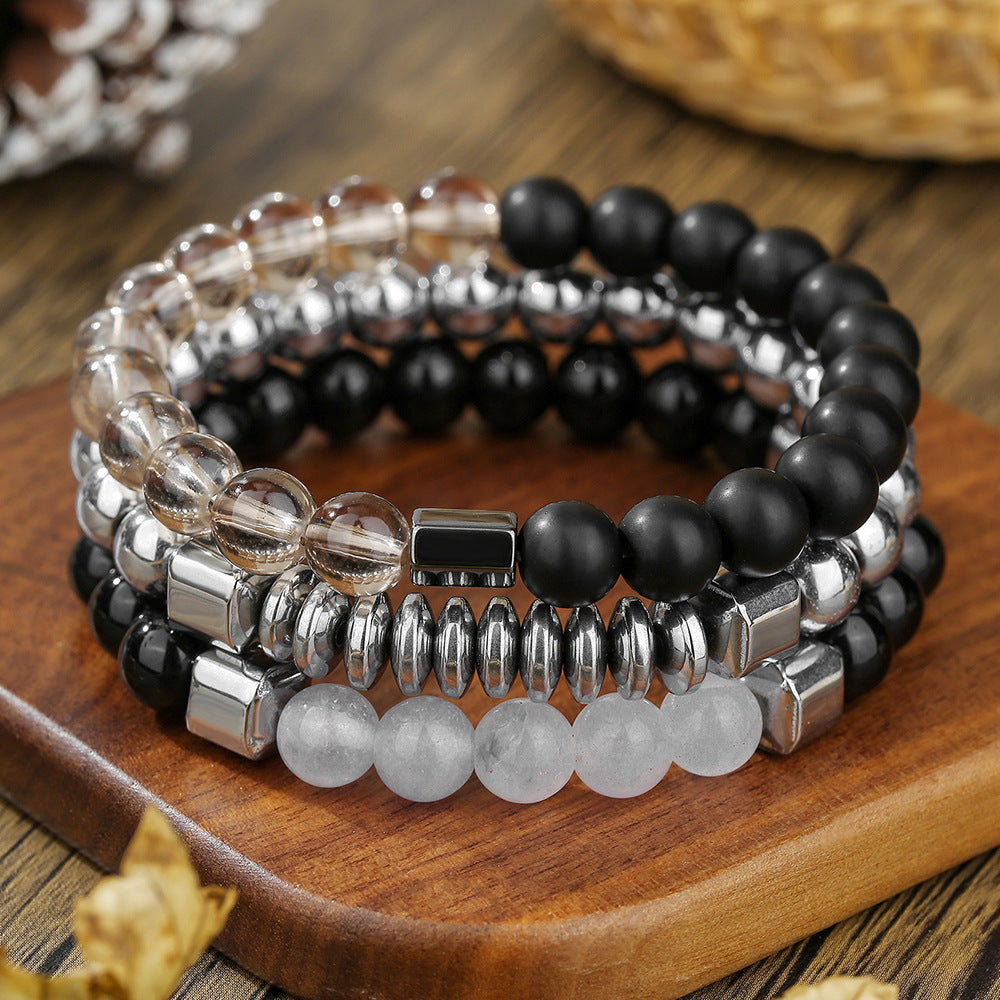 Cross-border hot-selling black gallstone handmade beaded bracelet men's simple and fashionable men's commuting stacked bracelet factory direct sales