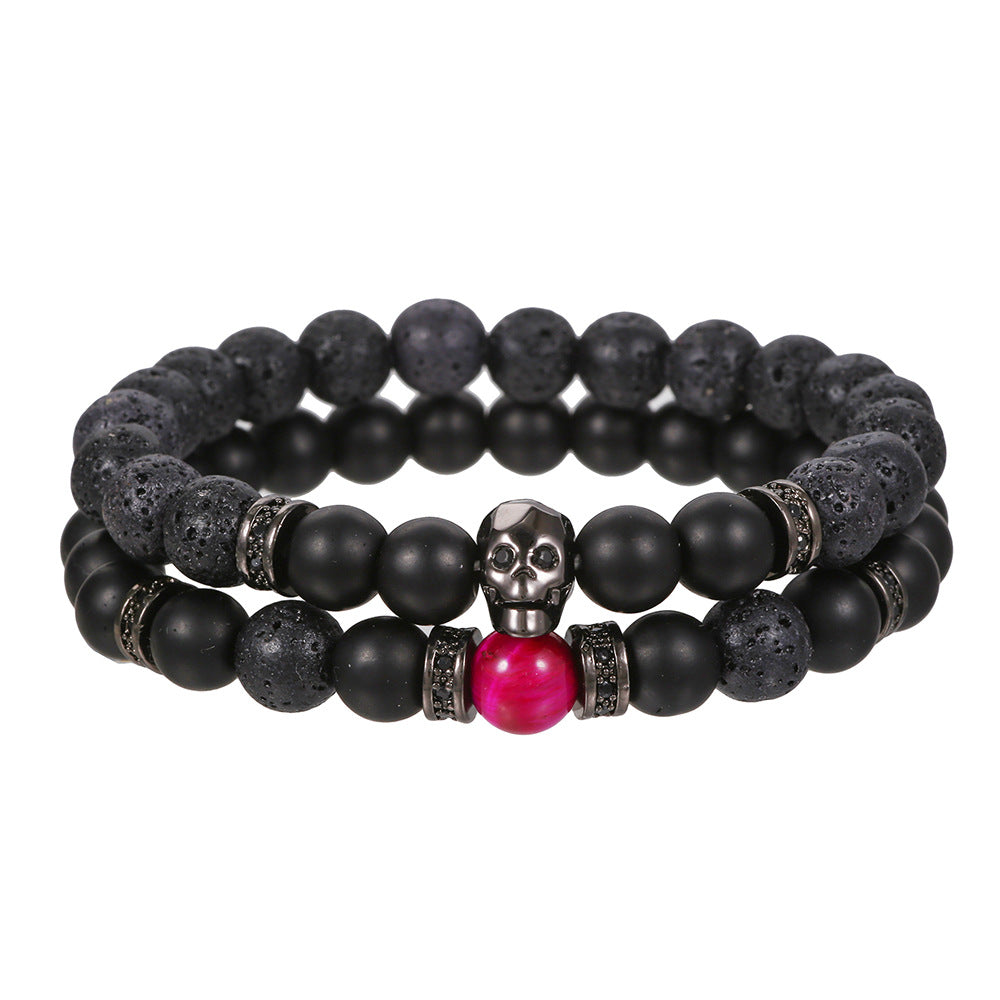 Amazon cross-border European and American domineering men's micro-inlaid zircon skull bracelet set volcanic stone bead beaded bracelet