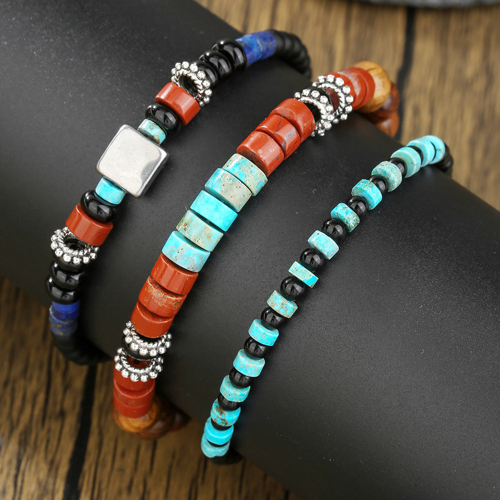 Cross-border new natural stone beaded bracelet combination men's personality retro bohemian black gallstone stacked bracelet