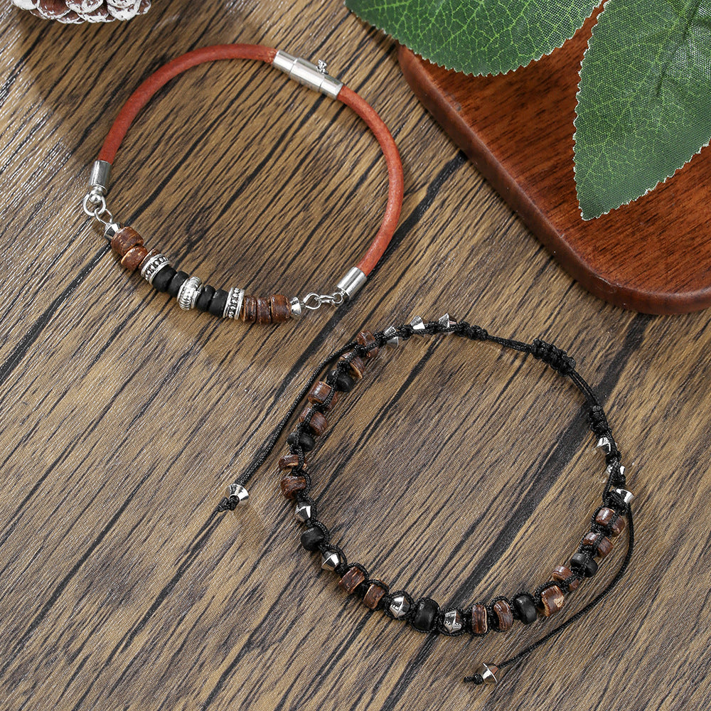 Vintage Woven Wood Bead Coconut Shell Bracelet Combination Leather Rope Magnet Buckle Metal Bracelet Men's Hip Hop Punk Men's Bracelet