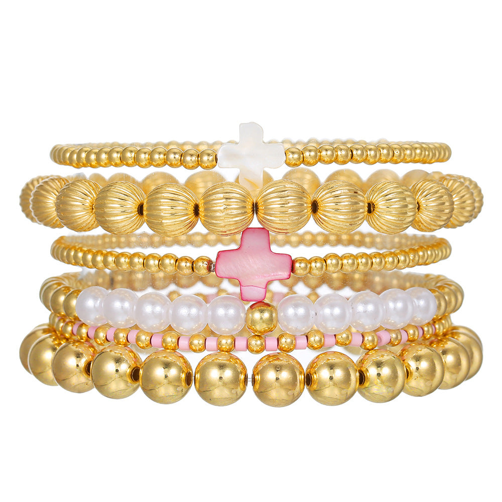 European and American cross-border new hot-selling versatile shell cross set bracelet pearl bracelet CCB stacked bracelet