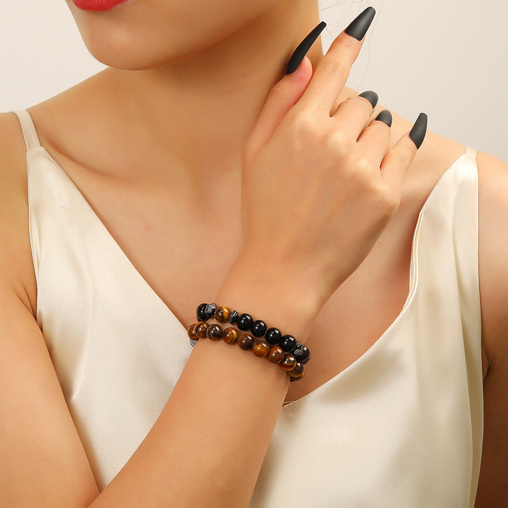 2 sets of yellow tiger eye black gallstone bracelet set combination, tiger eye stone bracelet fashionable and simple couple bracelet.