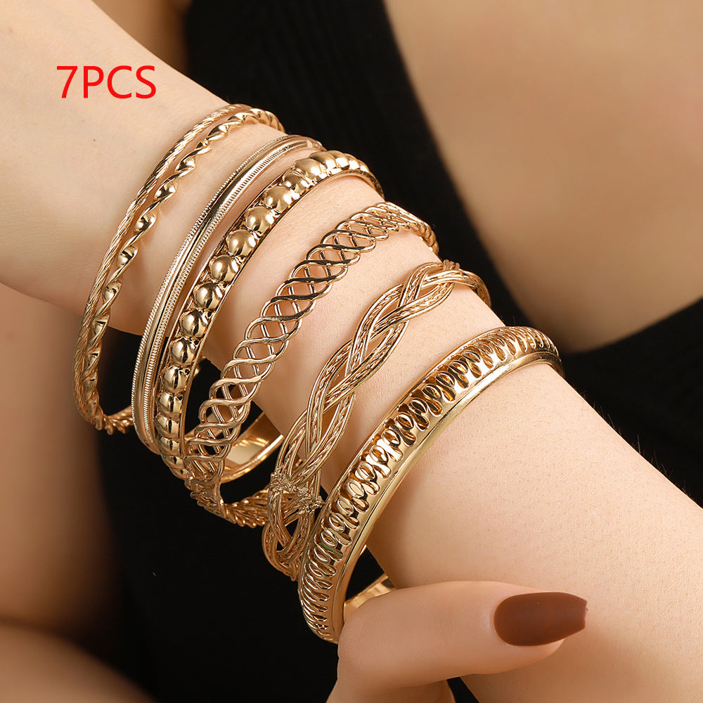 Cross-border European and American new jewelry, fashionable personalized texture multi-layer metal bracelet set 7 sets of iron bracelets