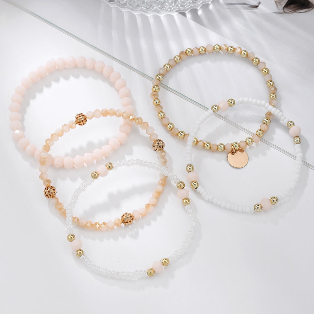 Bohemian style multi-layer stackable bracelet set, simple elastic glass rice bead round pendant, bracelet for women