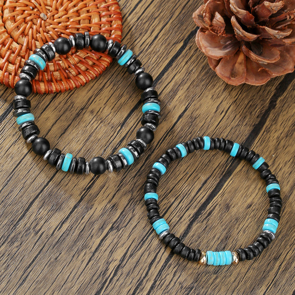 European and American cross-border men's black magic sand turquoise beaded bracelet trendy hip-hop niche high-end summer wooden bead bracelet