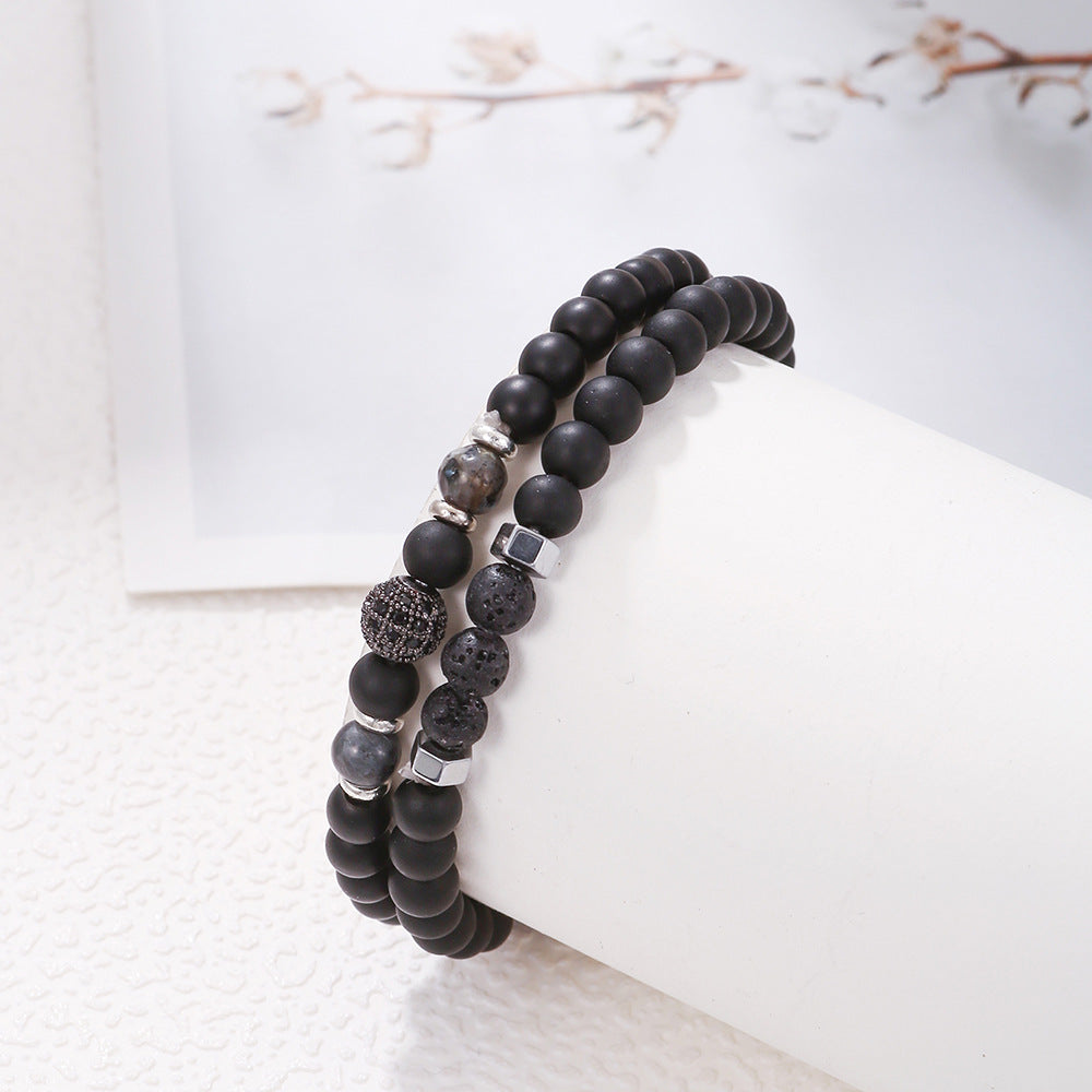 Copper micro-inlaid zircon diamond ball set bracelet men's 6mm black matte volcanic stone elastic men's bead bracelet combination