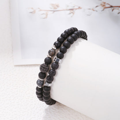 Copper micro-inlaid zircon diamond ball set bracelet men's 6mm black matte volcanic stone elastic men's bead bracelet combination