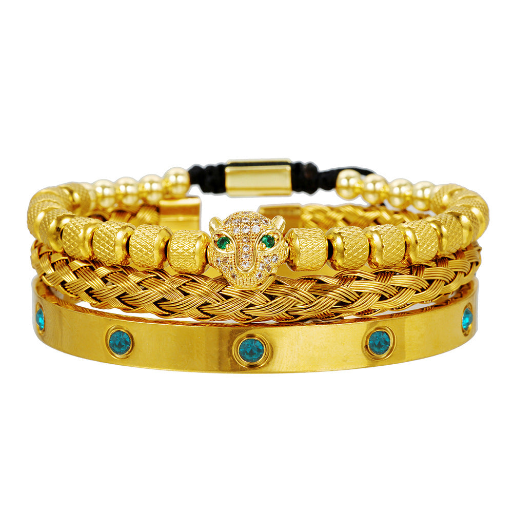 European and American retro versatile zircon leopard head woven bracelet Roman letter woven stainless steel mesh bracelet set
