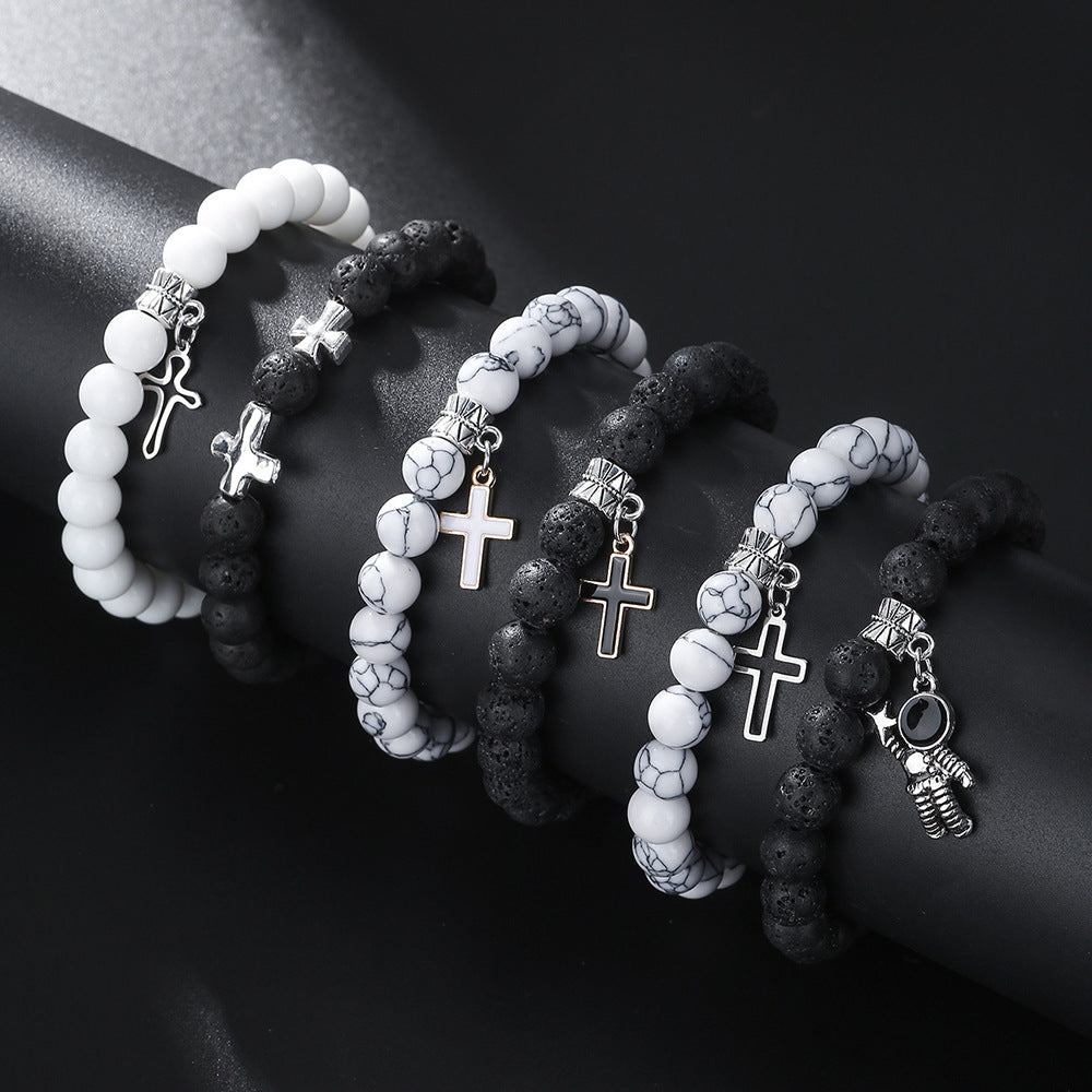 8Mm white pine volcanic stone couple bracelet set, cross-border hot-selling cross astronaut pendant elastic bracelet