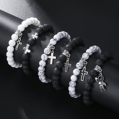 8Mm white pine volcanic stone couple bracelet set, cross-border hot-selling cross astronaut pendant elastic bracelet