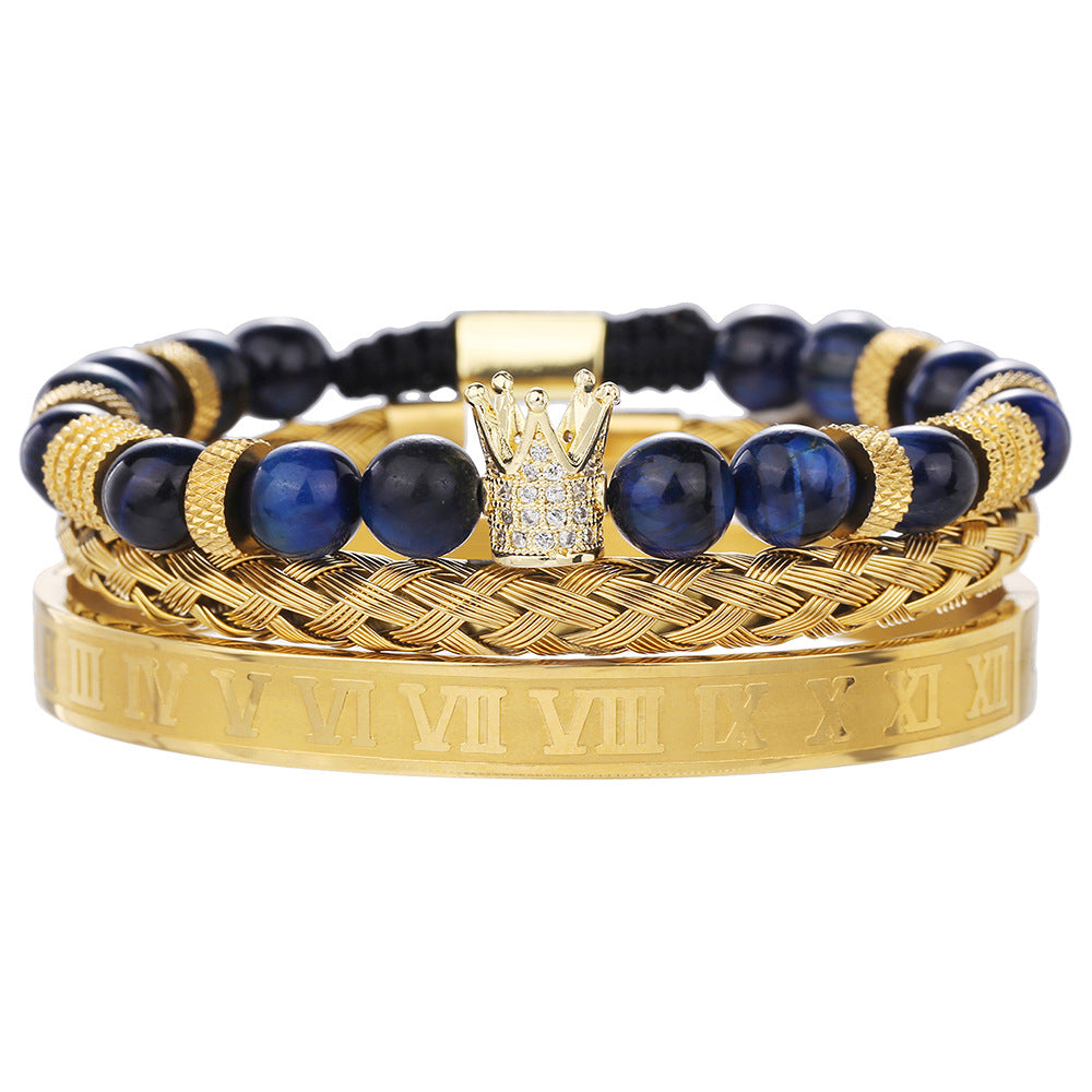 Cross-border punk hip-hop stacked bracelet set dripping oil Roman bracelet copper inlaid zircon crown black agate bracelet men