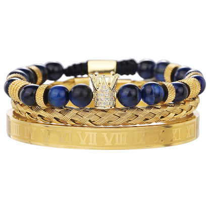 Cross-border punk hip-hop stacked bracelet set dripping oil Roman bracelet copper inlaid zircon crown black agate bracelet men
