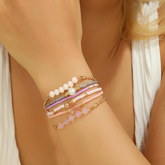 Cross-border hot-selling crystal rice bead round bead bracelet, female sweet stacking type contrasting color geometric imitation pearl bracelet six-piece set